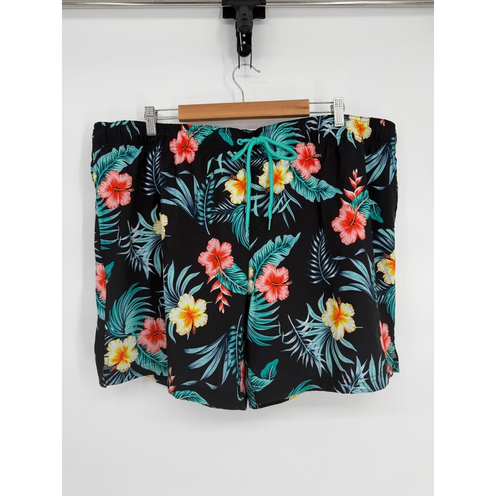 George Mens Swim Trunks‎ Black Tropical Floral Hibiscus Mesh Linedd Sz 2XL 44-46